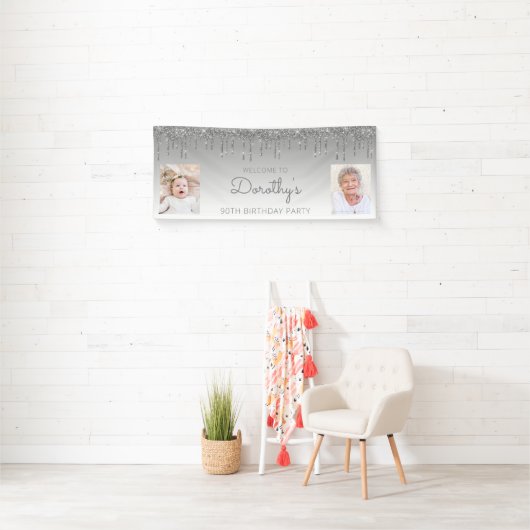 シルバー滴下グリッター2枚写真90誕生日 横断幕 (インサイチュ)