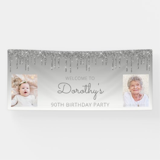 シルバー滴下グリッター2枚写真90誕生日 横断幕 (横)