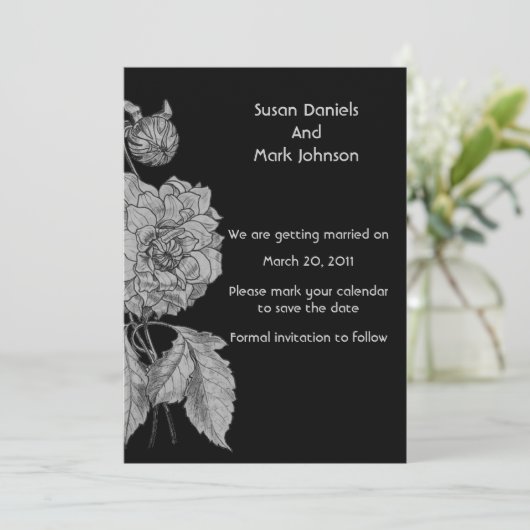 シルバー牡丹ブラックフラワーウェディングデートを保存 招待状 (スタンド正面)