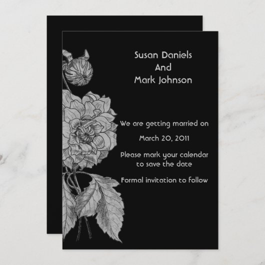 シルバー牡丹ブラックフラワーウェディングデートを保存 招待状 (正面/裏面)