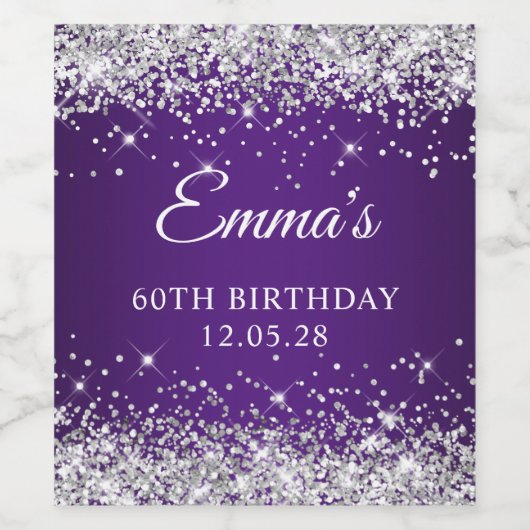 シルバー王室のグリッターパープル60誕生日 ワインラベル (シングルラベル)