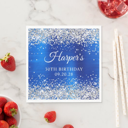 シルバー王室のグリッターブルーフォイル30歳の誕生日 スタンダードランチョンナプキン (インサイチュ)