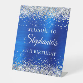 シルバー王室のグリッターブルーフォイル50誕生日 台座サイン