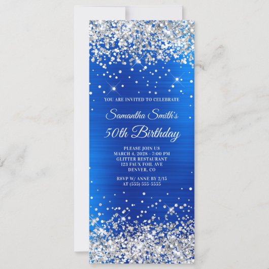 シルバー王室のグリッターブルーフォイル50誕生日 招待状 (正面)