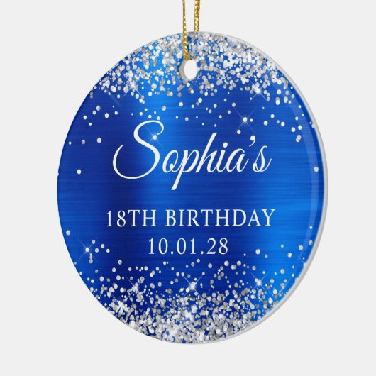シルバー王室のグリッターブルー18誕生日写真 セラミックオーナメント (左)