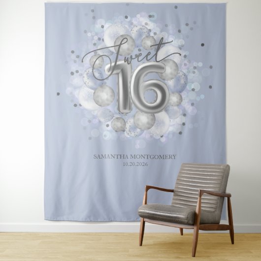 シルバー甘い16日間のバルーンほこりっぽい青の背景 タペストリー (インサイチュ)
