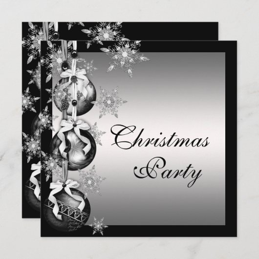 シルバー白黒スノーフレークスクリスマスパーティー 招待状 (正面/裏面)