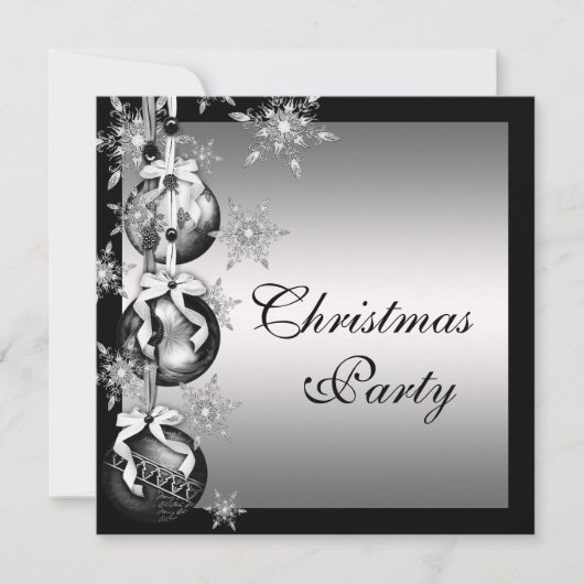 シルバー白黒スノーフレークスクリスマスパーティー 招待状 (正面)