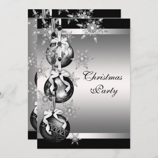 シルバー白黒スノーフレークスクリスマスパーティー 招待状 (正面/裏面)