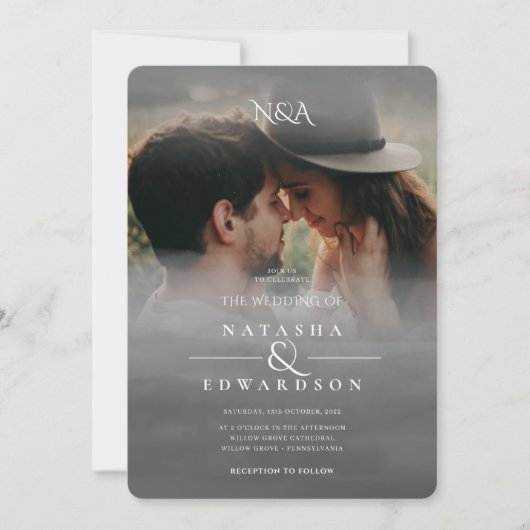 シルバー白黒抽象芸術オーバーレイ結婚フォト 招待状 (正面)