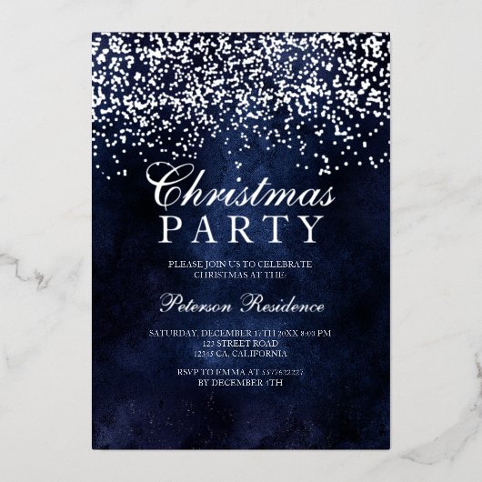 シルバー紙吹雪の雪のネイビーブルークリスマス 箔シーズンカード (正面)