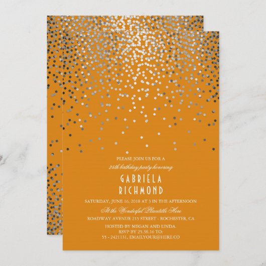 シルバー紙吹雪エレガントオレンジバースデーパーティー 招待状 (正面/裏面)
