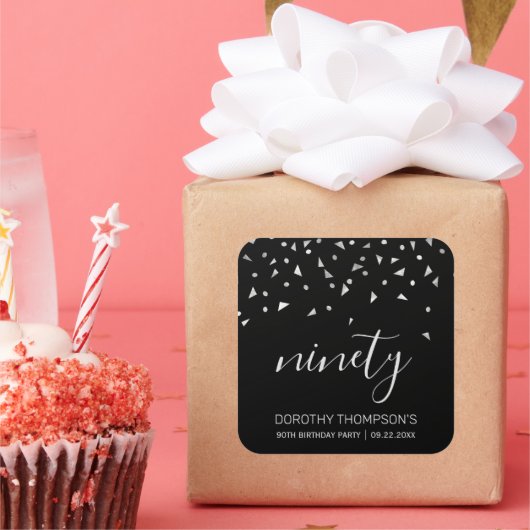 シルバー紙吹雪オンブラック90誕生日 スクエアシール (パーティー)