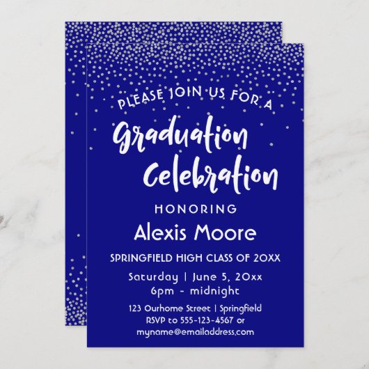 シルバー紙吹雪オーバーネイビー卒業パーティー 招待状 (正面/裏面)