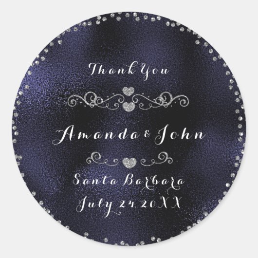 シルバー紙吹雪グリッターサンキューブルーネイビー ラウンドシール (正面)
