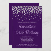 シルバー紙吹雪グリッターダークパープル50誕生日 招待状 (正面/裏面)