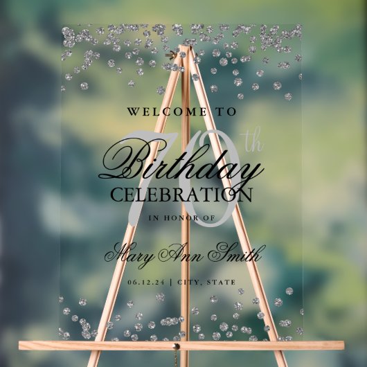 シルバー紙吹雪グリッター70th誕生日へようこそ アクリルサイン (ニュートラル)