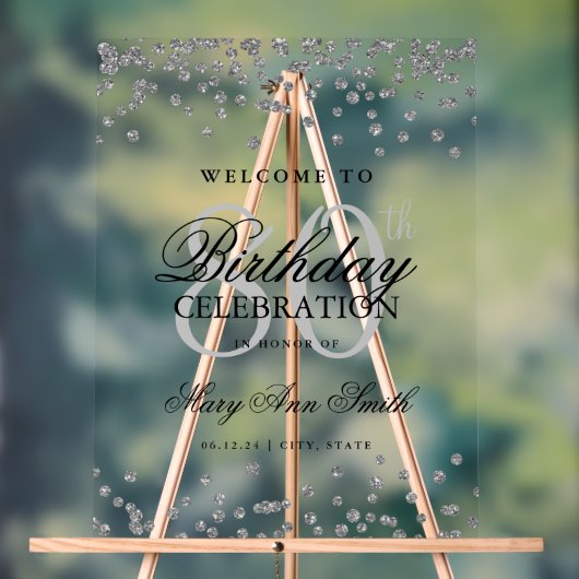 シルバー紙吹雪グリッター80th誕生日へようこそ アクリルサイン (ニュートラル)