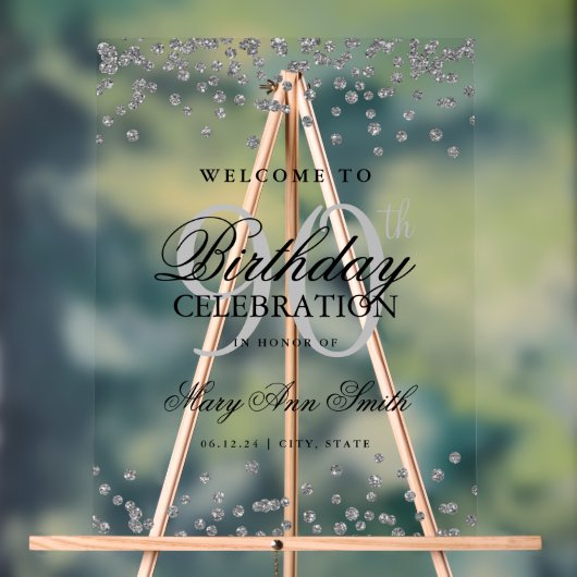 シルバー紙吹雪グリッター90th誕生日へようこそ アクリルサイン (ニュートラル)