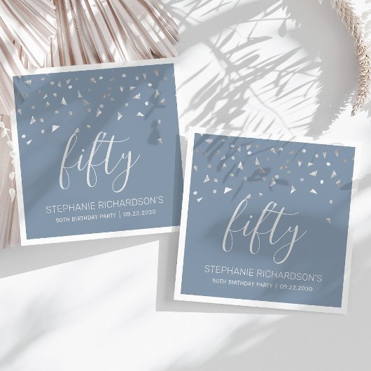 シルバー紙吹雪ダスティブルー50th誕生日パーティー スタンダードカクテルナプキン