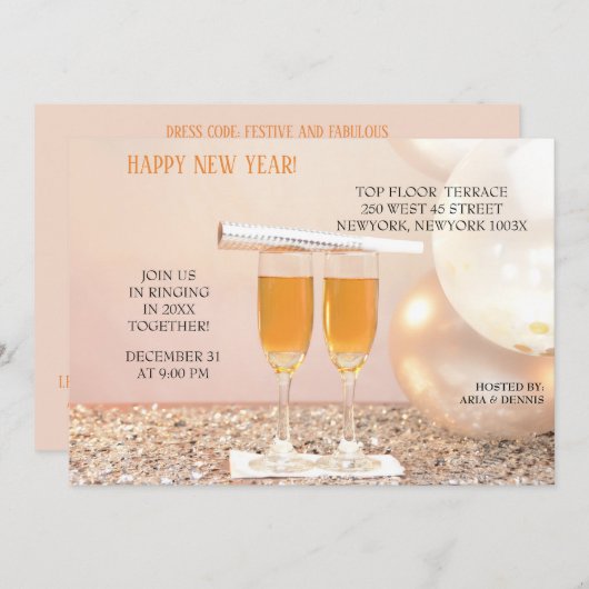 シルバー紙吹雪ニューイヤーシャンパンフルテス 招待状 (正面/裏面)