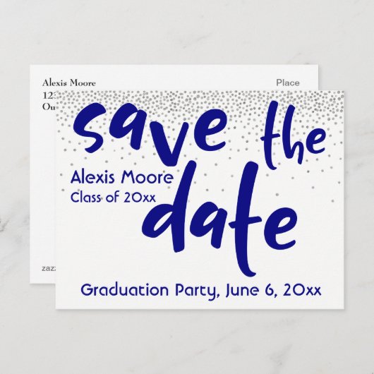 シルバー紙吹雪ネイビータイポグラフィ保存日付1 案内ポストカード (正面/裏面)