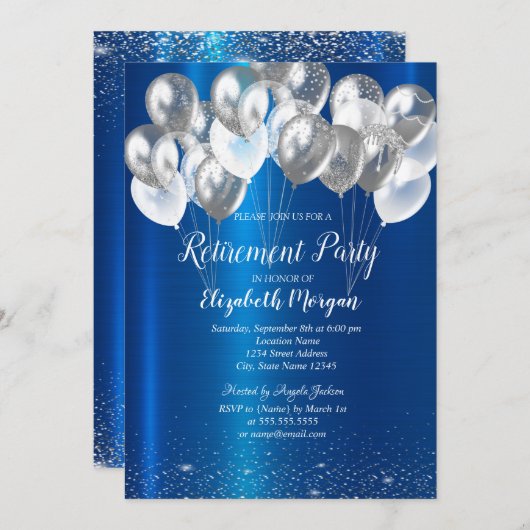 シルバー紙吹雪バルーン青い金属リタイア 招待状 (正面/裏面)