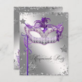 シルバー紙吹雪パープルマスカレードパーティー 招待状 (正面/裏面)