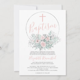 シルバー紙吹雪ピンクフローラ水彩バプテスマ 招待状