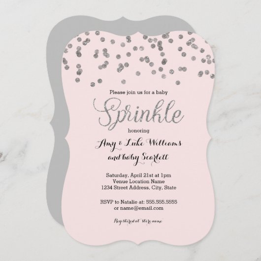 シルバー紙吹雪ベビー散水ガールシャワー招待状 招待状 (正面/裏面)