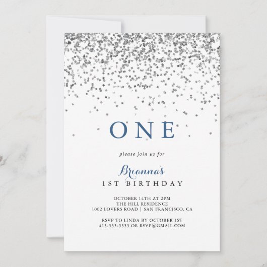 シルバー紙吹雪ミニマリストの最初の誕生日パーティー 招待状 (正面)
