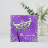 シルバー紙吹雪ラベンダーパープルマスカレードパーティー 招待状 (スタンド正面)