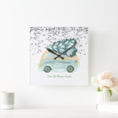 シルバー紙吹雪、クリスマスグリーントラックパインツリー スクエア壁時計 (ホーム)