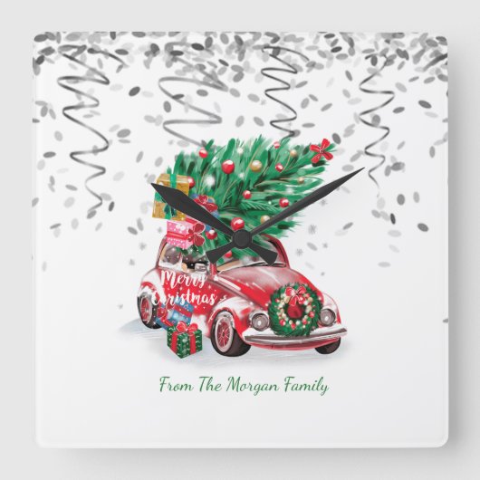 シルバー紙吹雪、クリスマスレッドカーパインツリースノー スクエア壁時計 (正面)