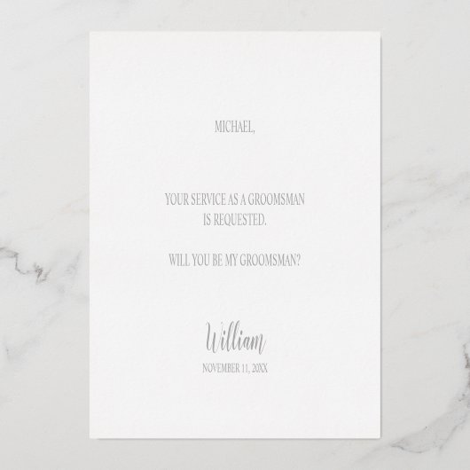 シルバー結婚のスーツとネクタイのグロムスマン提案 箔招待状 (裏面)