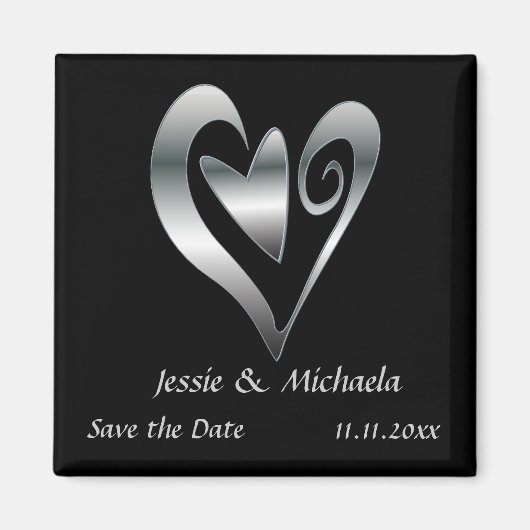 シルバー結婚のハートブラック日付を保存 マグネット (正面)