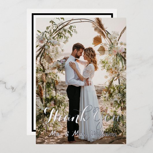 シルバー結婚のフォトフラットサンキューカード 箔招待状 (正面/裏面)