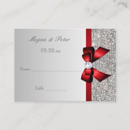 シルバー結婚シークインのレッドボウのシーティングカード プレイスカード