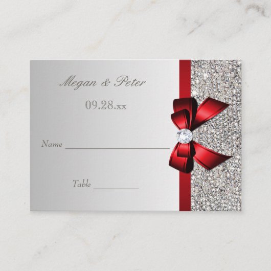 シルバー結婚シークインのレッドボウのシーティングカード プレイスカード (正面)