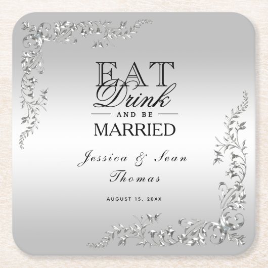 シルバー結婚デコレーション スクエアペーパーコースター (正面)