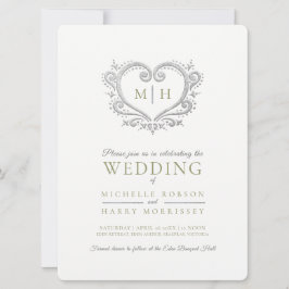 シルバー結婚ハートのシダは緑と白 招待状