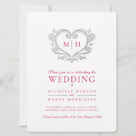 シルバー結婚ハートのベ赤と白リ 招待状