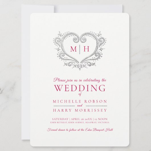 シルバー結婚ハートのベ赤と白リ 招待状 (正面)