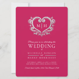 シルバー結婚ハートのベ赤と白リ 招待状