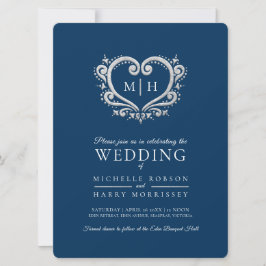 シルバー結婚ハートの濃い青と白 招待状