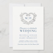 シルバー結婚ハートの青と白 招待状 (正面)