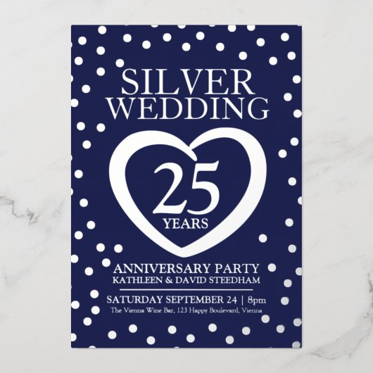 シルバー結婚周年記念25thパーティーネイビー・シルバー 箔招待状 (正面)