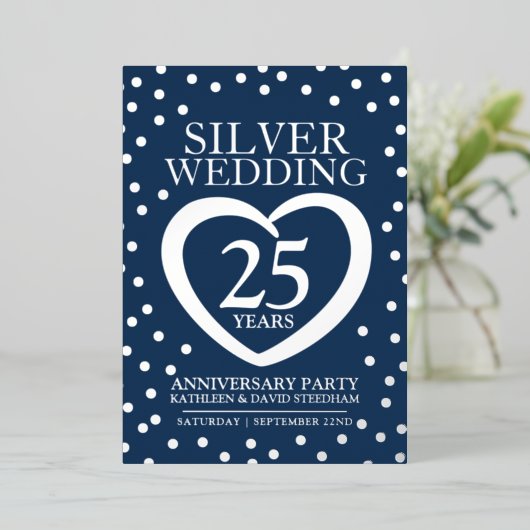 シルバー結婚周年記念25thパーティーブルーシルバー 箔招待状 (立ち正面)