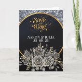 シルバー縁どグリッターブラックバラ保存日 カード (正面)