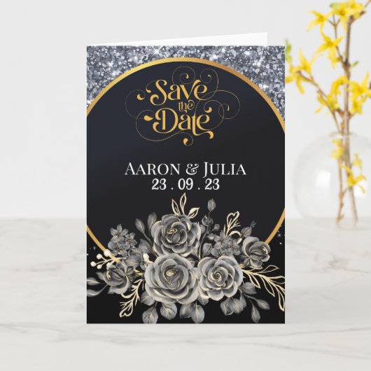 シルバー縁どグリッターブラックバラ保存日 カード (黄色い花)